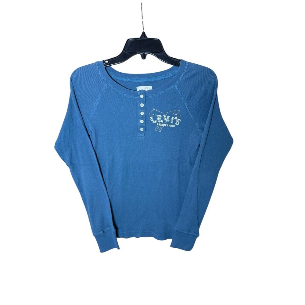 Levi's Red Tab Blue Long Sleeve Ribbed Henley Shirt w/ Studded Horse Accent- M